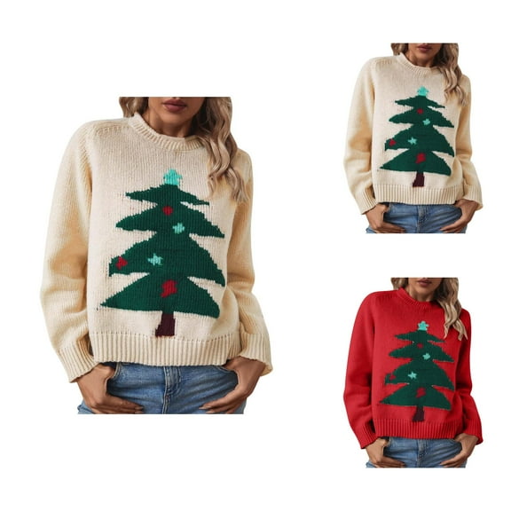Christmas Tree Sweaters for Women 2025 Long Sleeve Crewneck Festive Xmas Pullover Sweater Jumper Tops