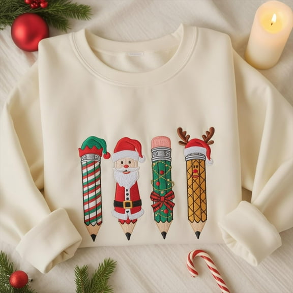 Merry Christmas Embroidered Shirt, Christmas Santa Reindeer Elves Pencil Embroidered Sweatshirt, Christmas Teachers Shirt, Teachers Day Gift