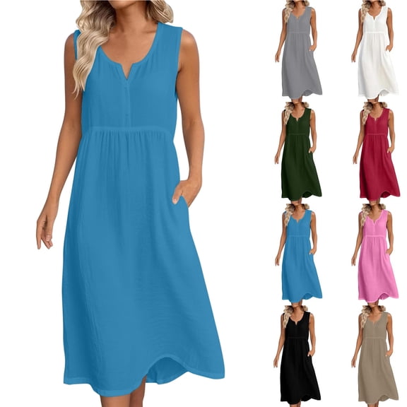 Smsaxvxz Summer Cotton Line Tank Dresses for Women Fashion V Neck Sleeveless Elastic Waist Casual Maxi Sundress A Line Beach Dress Blue 01 M