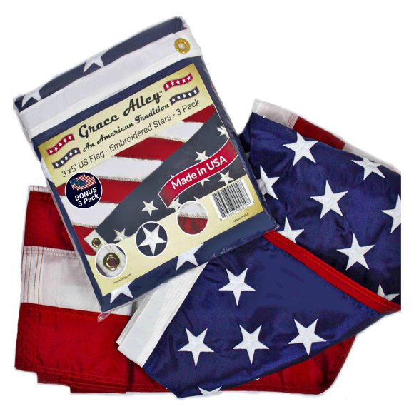 American Flags 3x5 Outdoor 3 PACK by Grace Alley, Embroidered Stars and Sewn Stripes and Fade Resistant - Long Lasting Nylon & Brass Grommets for High Wind Durability, 100% Made in USA