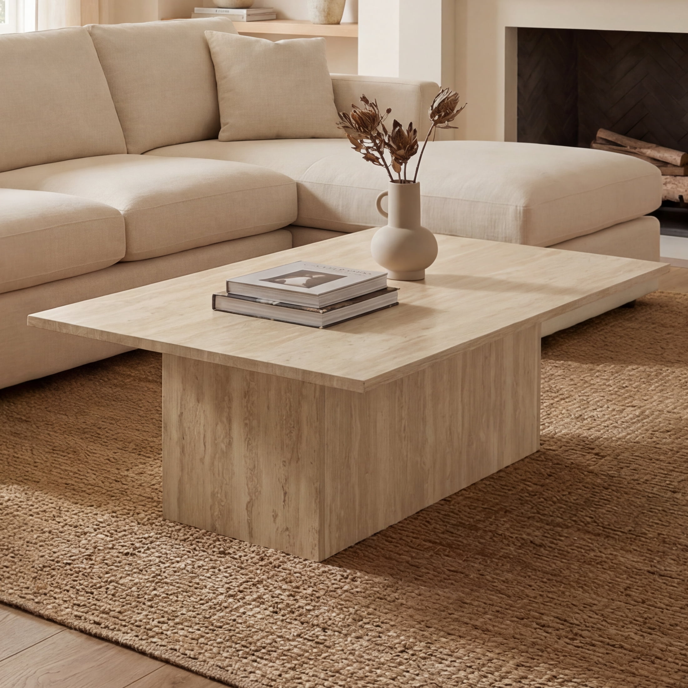 Guyou Coffee Table and End Table Set of 2 Modern Square Nesting Coffee Table Faux Marble Side Table Wooden Beige Travertine Finish for Living Room, Reception Room, Home Office