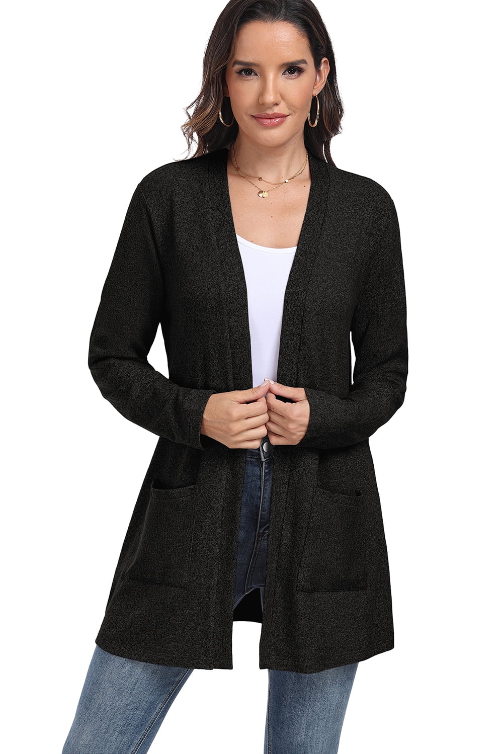 JWD Women's Cardigan Open Front Lightweight Cardigan Long Sleeve Cardigans with Pockets Black L
