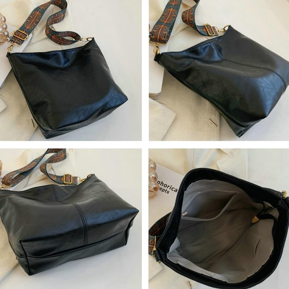 NANAHuang Hobo Bag for Women Crossbody Handbags Large Designer Ladies Bucket Purse PU Leather Shoulder Bags with Wide Shoulder Strap
