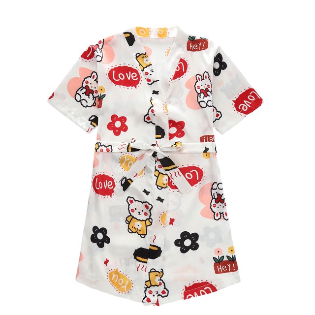 Qudderr Kids Baby Silky Satin Kimono Robe Solid Color Printing Bathrobe for Girls Boys Spring Fall Short Sleeve Night-Robe Toddler Soft Unisex Sleepwear for 1-7 Years