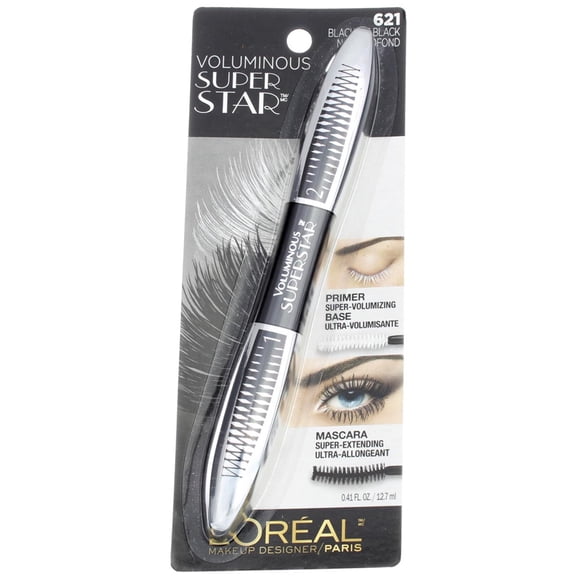 L'Oreal Paris Cosmetics Voluminous Superstar Washable Mascara, Blackest Black [621] 0.41 oz (Pack of 2)