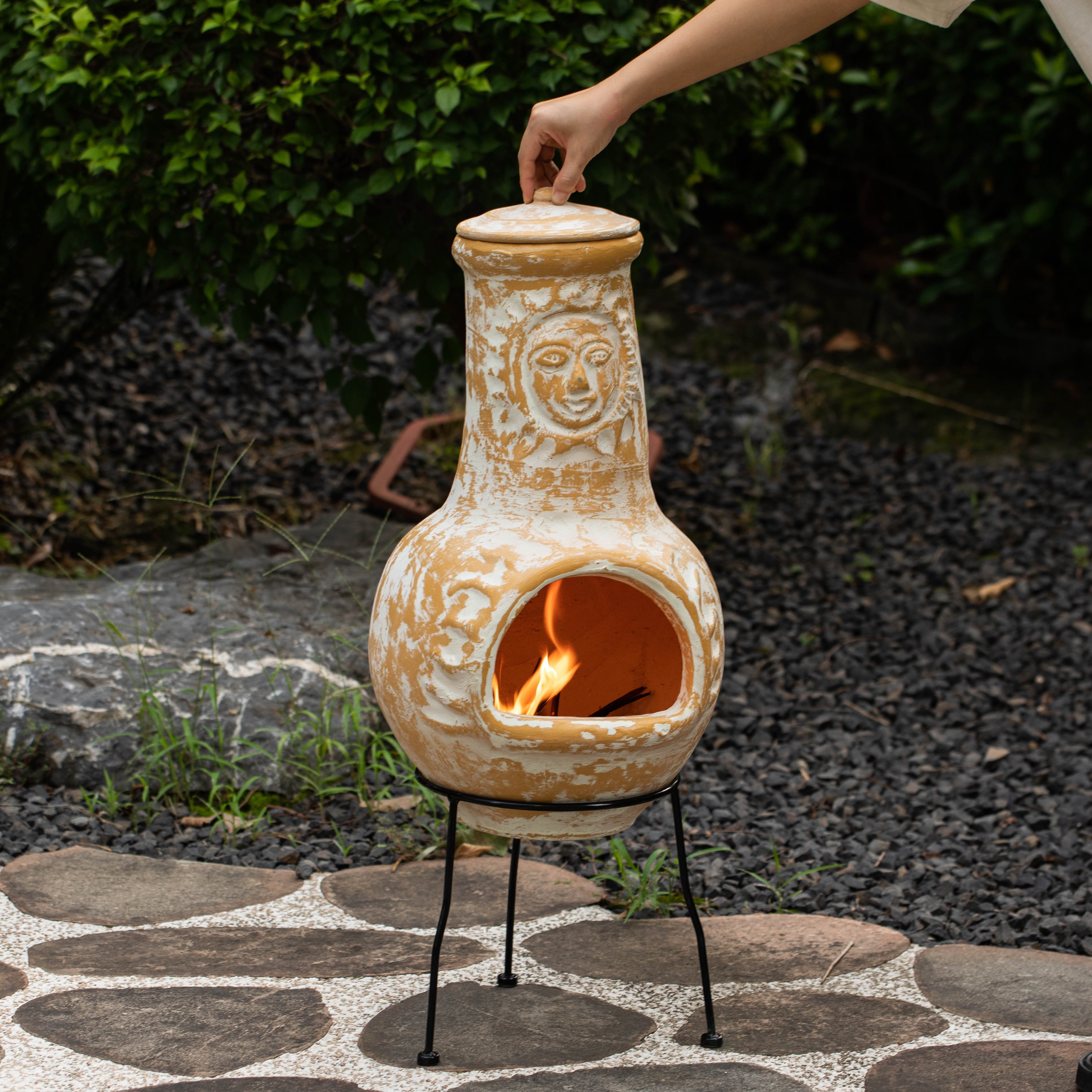 Vintiquewise QI004631.G Outdoor Clay Chiminea Fireplace Sun Design Wood Burning Fire Pit with Sturdy Metal Stand, Barbecue, Cocktail Party, Cozy Nights Fire Pit, Stone Gray