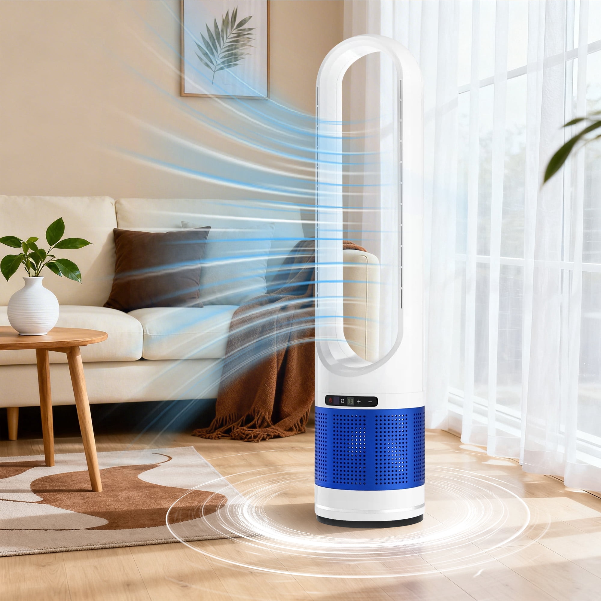 Simenmax 41'' Bladeless Tower Fan, 80° Oscillating Quiet Cooling Fan, 8 Speeds & 8H Timer, Remote Control with LED Display for Home Office Living Room,Blue