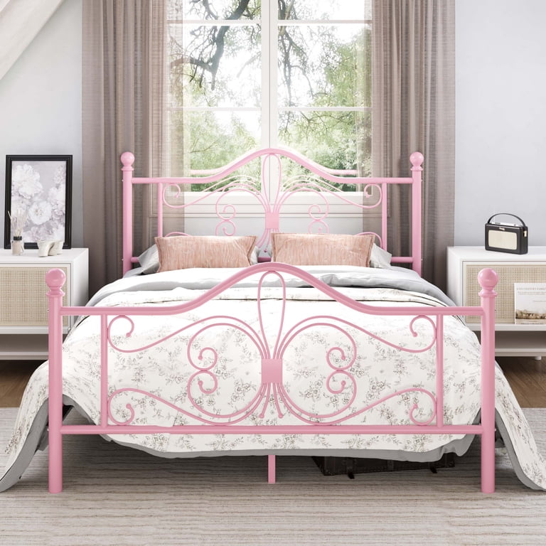 Amolife Queen Metal Platform Bed with Butterfly Headboard, Pink photo 3