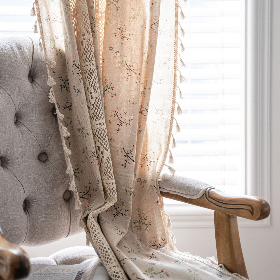 1 Pair Boho Curtains Beige Cotton Linen Curtains Embroidery Semi-transparent Linen Optics Flower Curtains With Tassel 59" W x 71" L