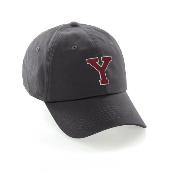 Customized Letter Intial Baseball Hat A to Z Team Colors, Charcoal Cap White Red Letter Y