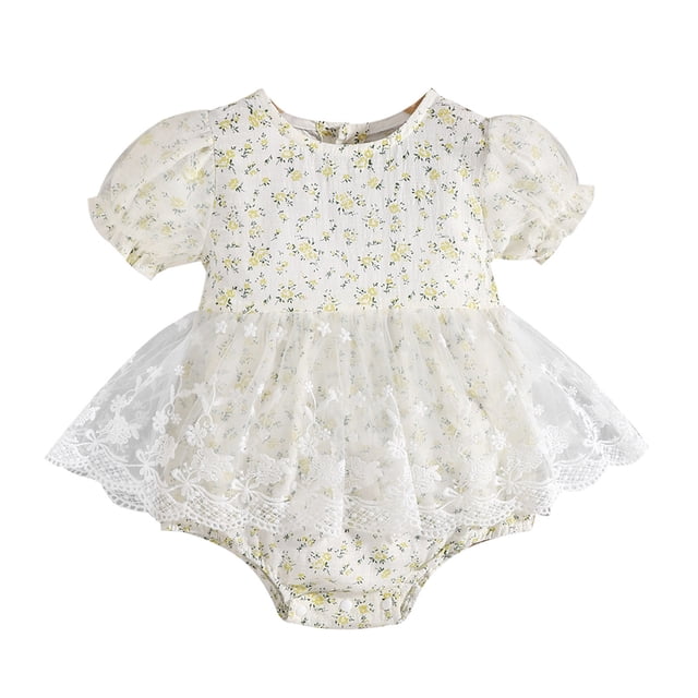 toraway Robes pour Filles 7-8 Enfants Bébés Filles Manches Courtes Dentelle Florale Maille Décontractée Robe Princesse 3-4 Ans