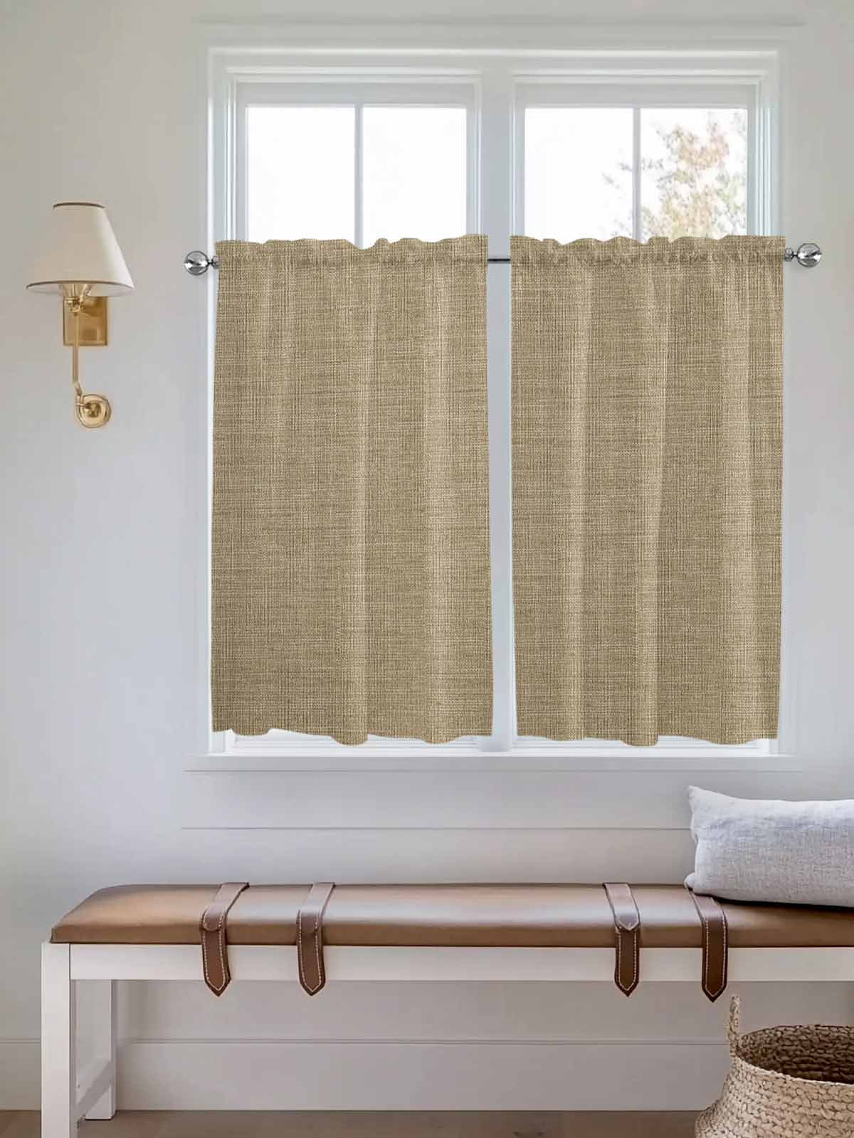 Beige Kitchen Curtains 45 Inches length, Farmhouse Burlap Solid Brown Color Modern Linen Texture Window Treatment Curtain Drapes, Lightweight Window Panels for Living Room Bedroom, 52"x45", 2 Panels