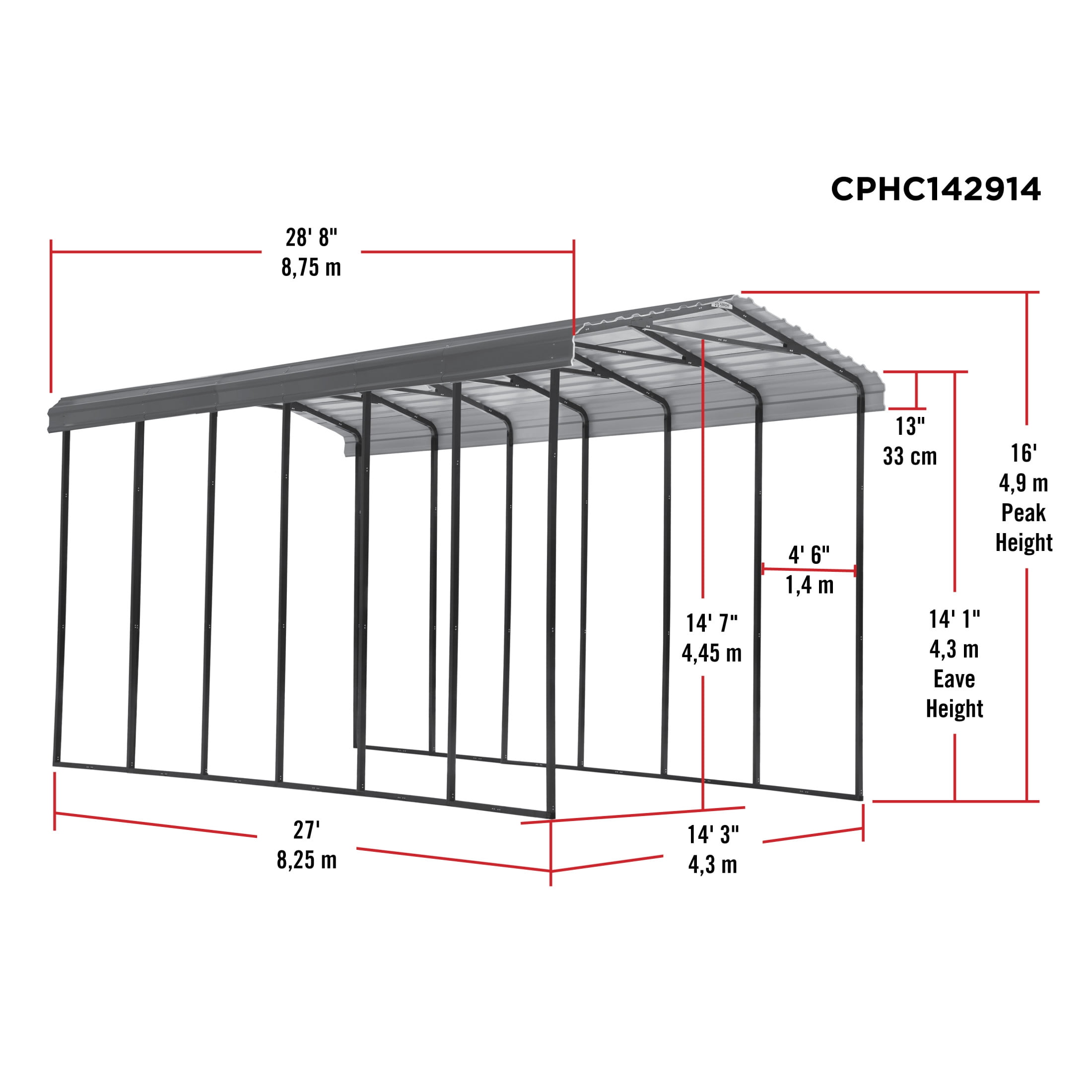 Arrow 14 x 29 x 14 ft Charcoal RV Carport