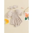 thumbnail image 4 of Musuos Baby Girl Summer Romper 3M 6M 9M 12M 18M Solid Color Puff Sleeve Ruffled Neckline Shirred Jumpsuit with Bow Headband for Infant, 4 of 10