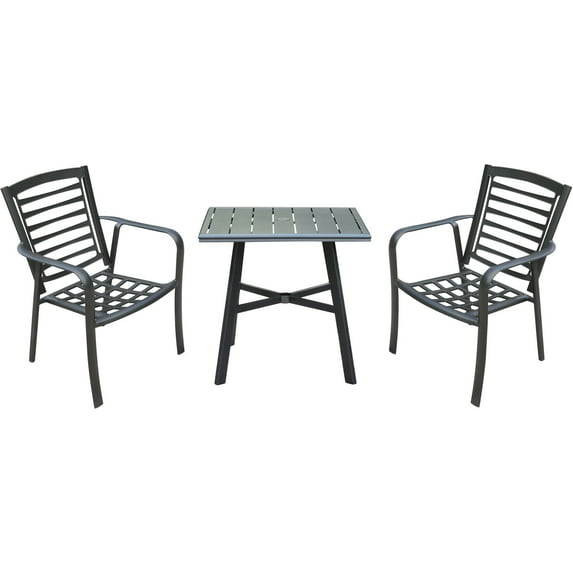 Hanover Pemberton 3-Piece Commercial-Grade Bistro Set with 2 Stackable Dining Chairs and a 30" Square Slat-Top Table