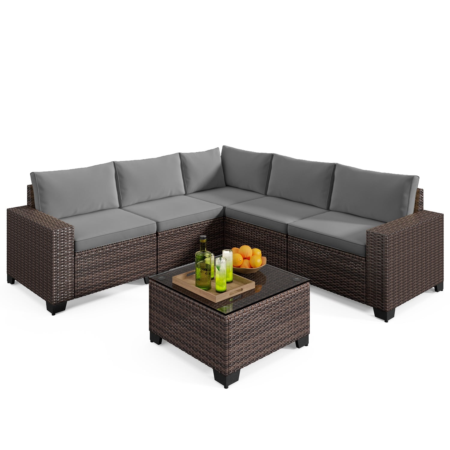 6-Pieces Patio Furniture Set, PE Rattan Outdoor Couch with Cushions and Glass Coffee Table, Wicker Sofa Set for Backyard, Porch, Garden, Balcony - Gray