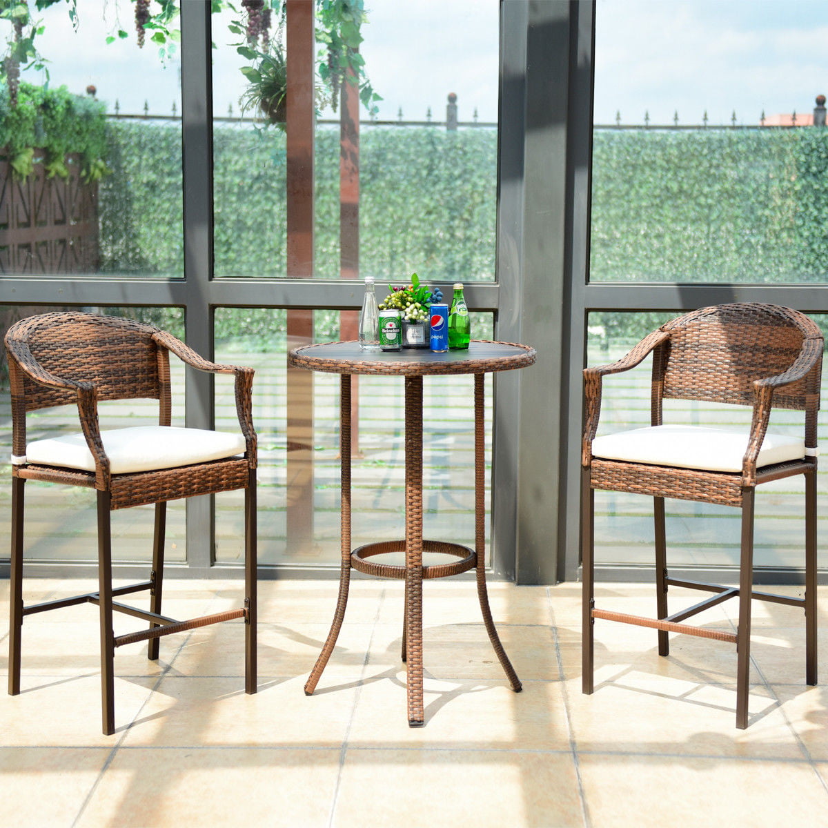 costway 3pc outdoor rattan bar stool table rattan patio furniture set