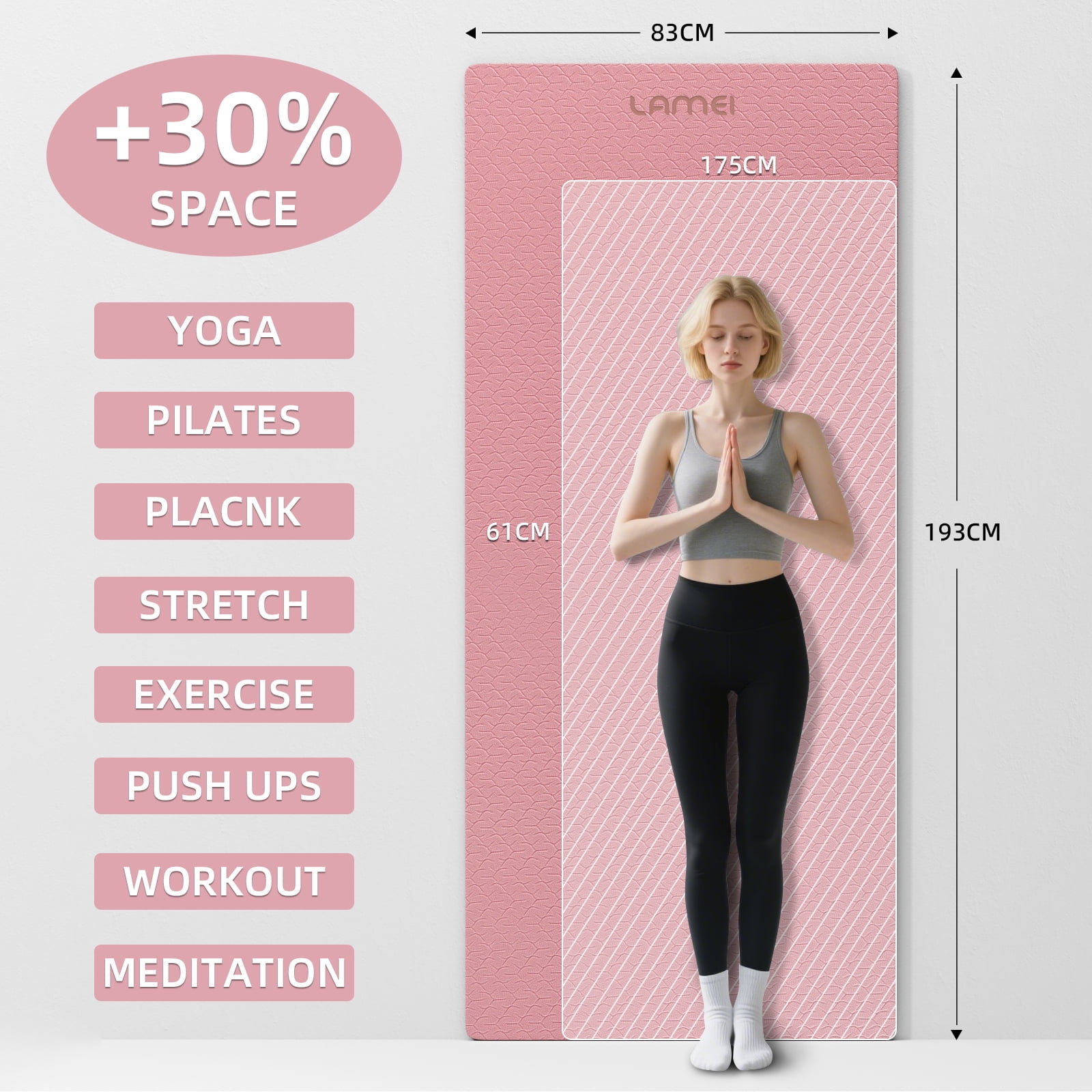 LAMEI Large Yoga Mat Thick Extra Wide And Long, Non-Slip TPE Exercise Mats For Home Workout, Straps For Carrying, Dual-Color in Pink/Black