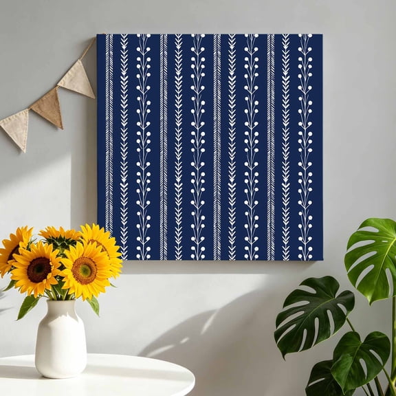 Canvas Wall Art Navy Blue Canvas Art Print Rustic Vertical Dashed Lines Shabby Chic Leaf Cottagecore Pictures Wall Decor for Living Room Bedroom Artwork Decorations Framed Ready to Hang 16"x16"