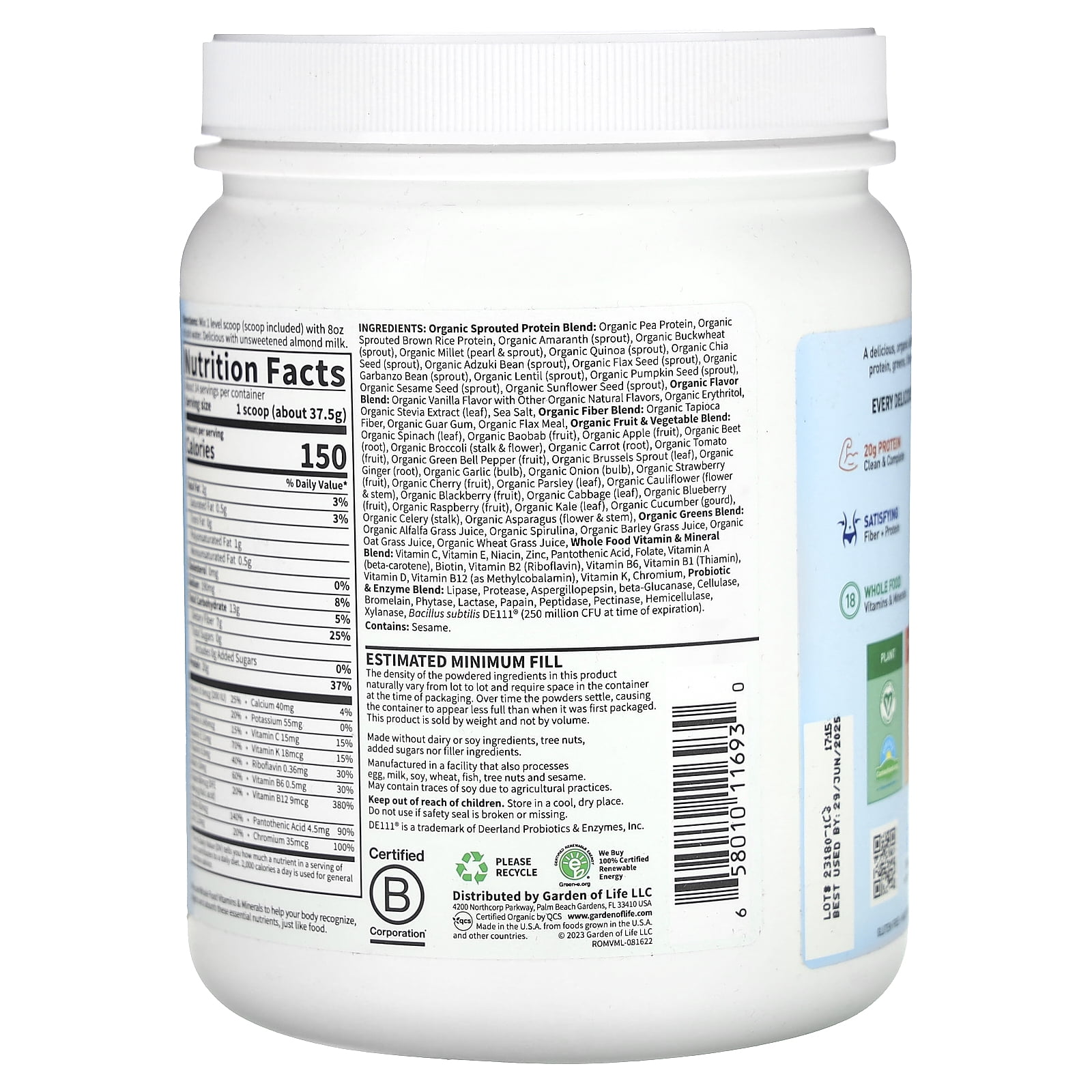 Garden of Life Raw Organic Meal Plant-Based Protein Powder, Vanilla, 14 Servings