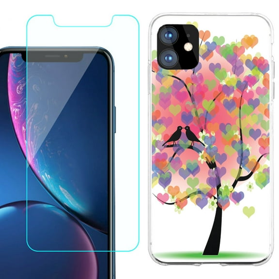 For Apple iPhone 11 Case , Slim-Fit TPU Protective Phone Case with Tempered Glass Screen Protector, by OneToughShield ® - Color Hearts Tree