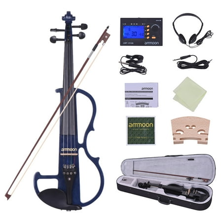 ammoon Full Size 4/4 Solid Wood Electric Silent Violin Fiddle Style-2 Ebony Fingerboard Pegs Chin Rest Tailpiece with Bow Hard Case Tuner Headphones Extra Strings &