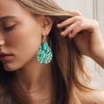 thumbnail image 5 of QIQUWOHUL Vintage Embossed Leather Water Drop Shape Blue Turquoise Stone Dangle Earrings For Women Mom, 5 of 9