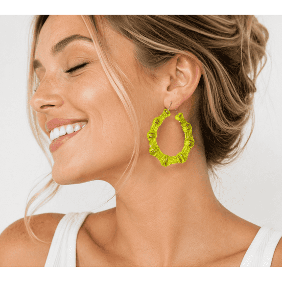 Lime Light Bamboo Hoop Earrings for Women – Bold Neon Green Statement Hoops, Lightweight Fashion Jewelry