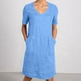 thumbnail image 2 of Kaemgyyd Linen Dresses for Women Loose Comfy V Neck T Shirt Dress Solid Color Basic Beach Vacation Sundress with Pockets, 2 of 6