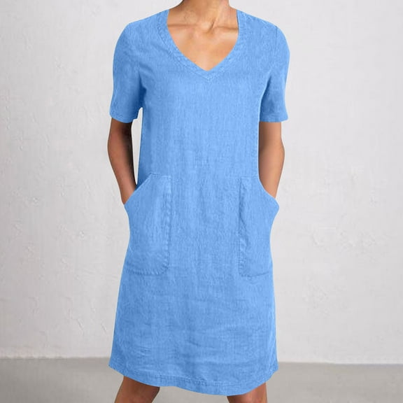 Fartey Womens Cotton Linen T Shirt Dresses Summer V Neck Short Sleeve Midi Dress with Pockets Loose Casual Solid Color Dresses Lightweight Beach Vacation Sundress Blue L