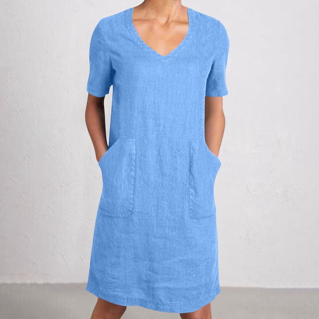 Taylonsss Robe Ample Vintage en Coton et Lin pour Femmes Manches Courtes Col en V avec Poche Tenue Décontractée Confortable