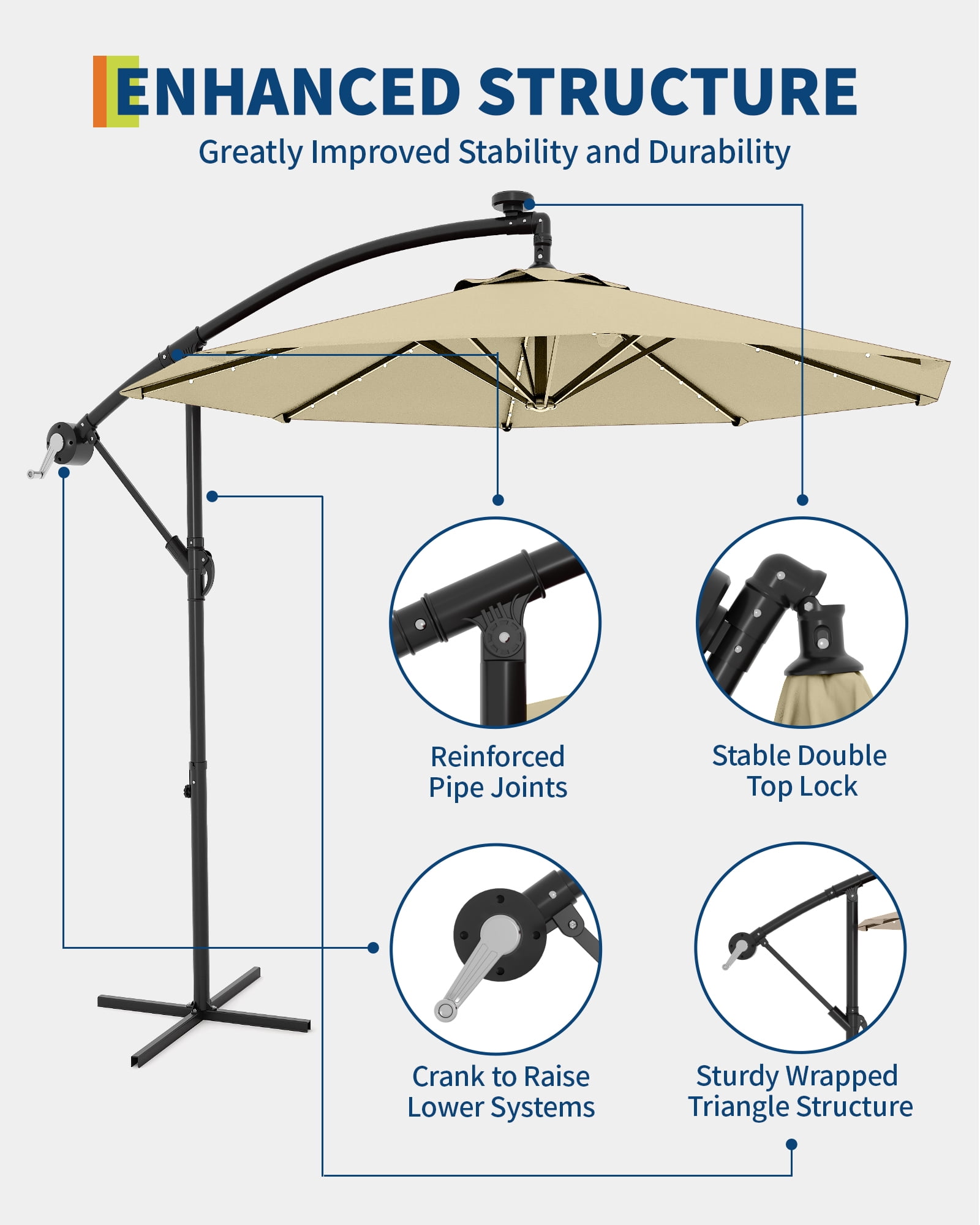 10ft Solar LED Offset Hanging Market Patio Umbrella for Backyard, Poolside, Lawn and Garden w/Easy Tilt Adjustment, UV Protection, Sturdy 8 Ribs - with 32 LED Lights