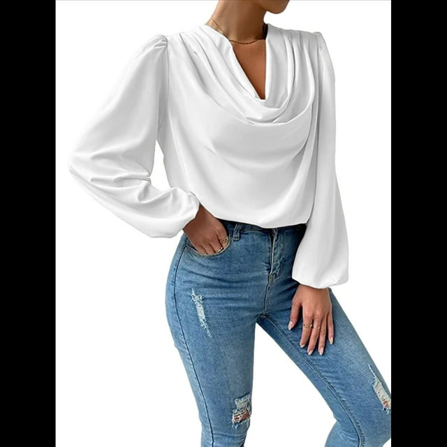 Blusas de Mujer con Cuello Vuelto, Larga, para Profesora, Oficina, Negocios, Elegantes, Informales XL