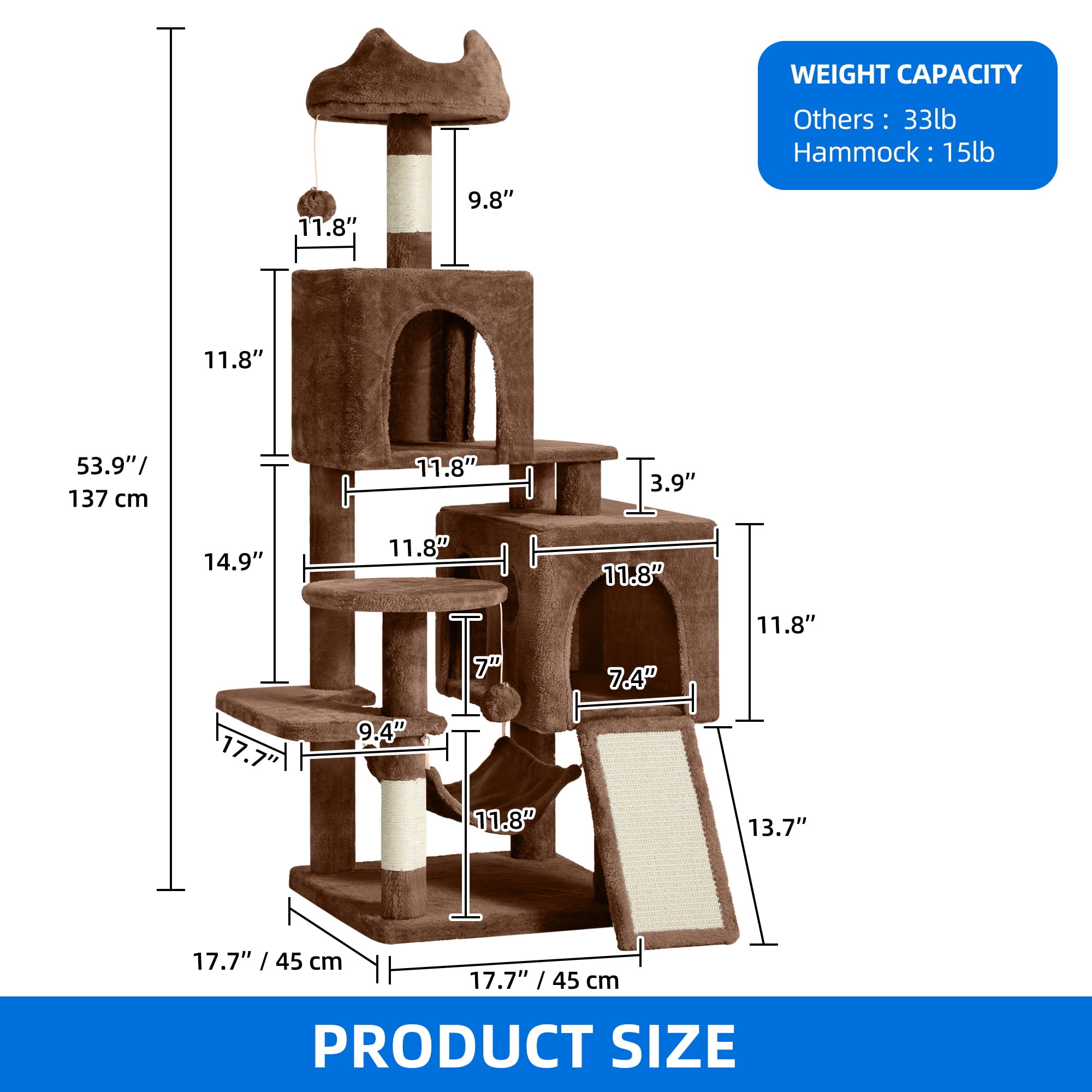 Dextrus 54" Multi-Level Cat Tree Tower with Cat Condos, Plush Top Perches, Hammocks, Sisal Scratching Post Board, Indoor Cat Activity Center,Brown