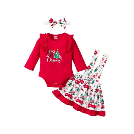 

Sunisery My 1st Christmas Newborn Baby Girl Clothes Letter Romper Ruffle Car Print Skirt Xmas Outfits Red 0-6 Months