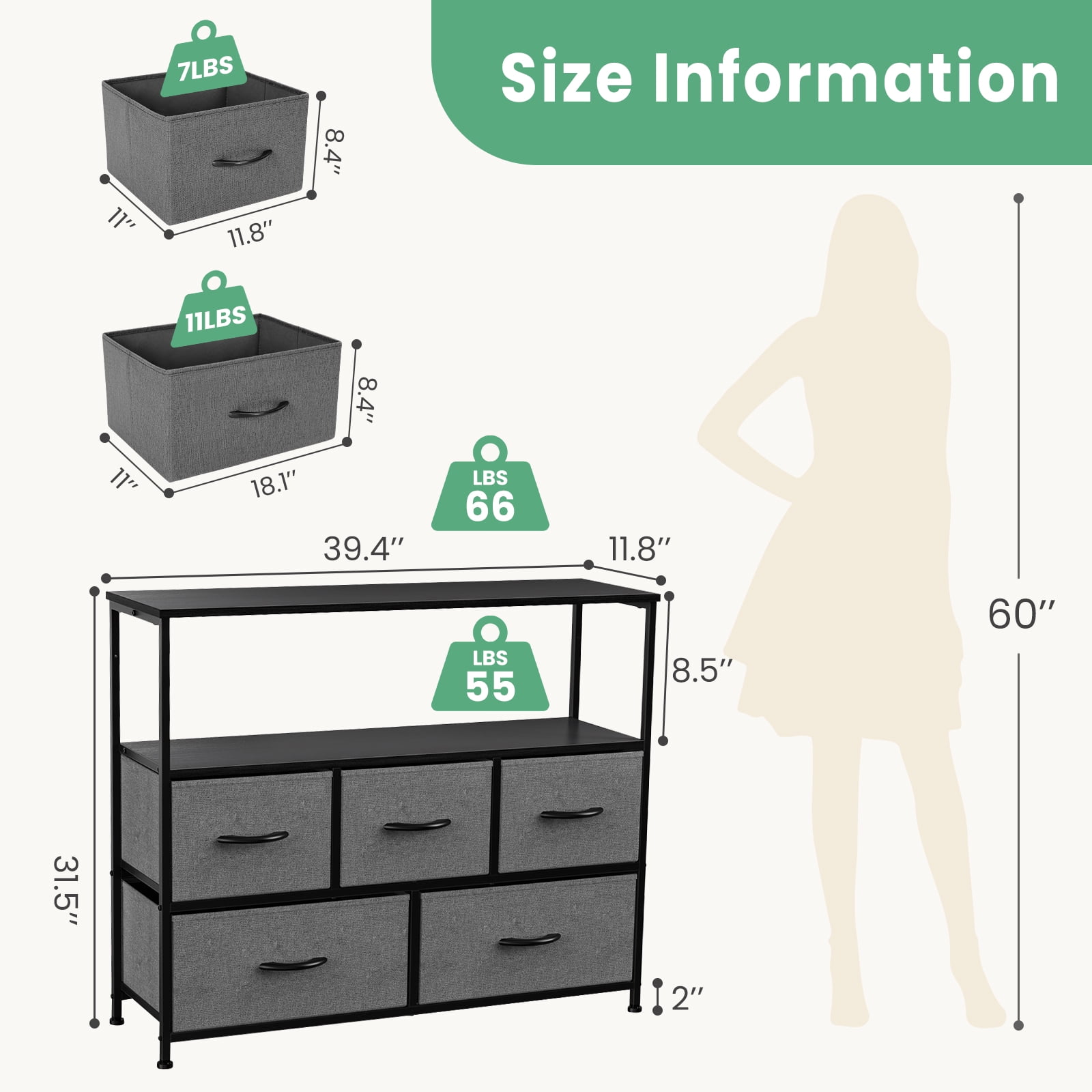 MAYEERTY TV Stand with Fabric Storage, Tower Storage Cabinet Dresser & Chest of 5 Drawers Organizer, Gray