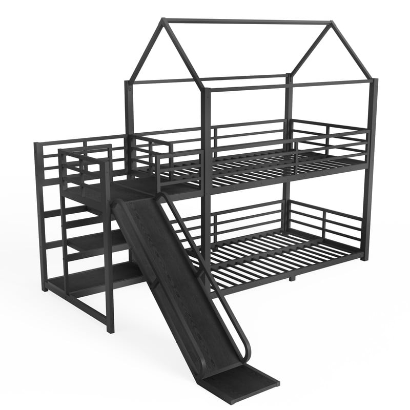 Twin-Over-Twin Metal House-Shaped Bed Frame with Multi-Functional Storage Stairs, Kids Bunk Bed with Slide