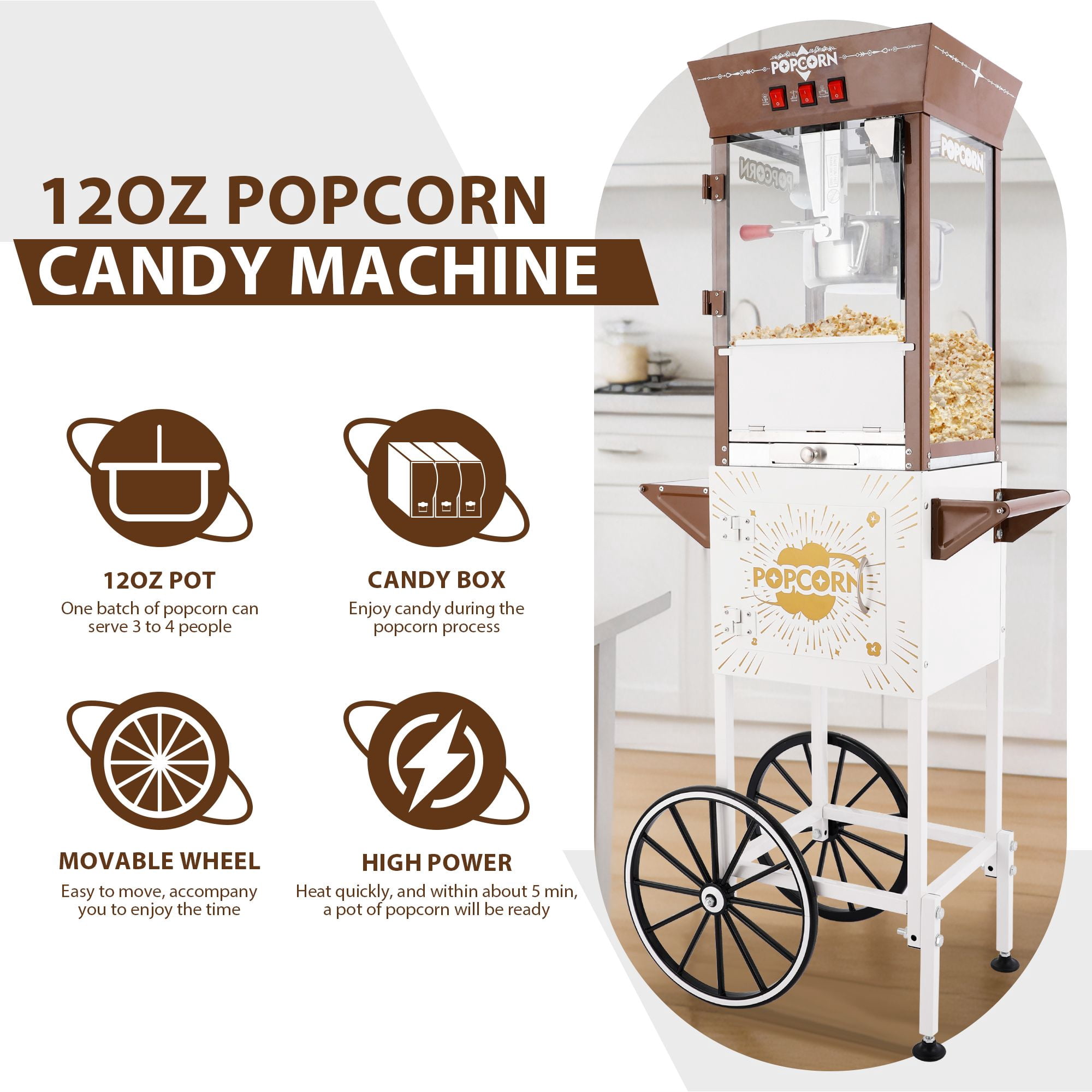 12oz Commercial Popcorn Machine with Cart, 3 Control Buttons Electric Popcorn Maker, Comes with 3 Candy Storage Boxes & 3 Plastic Spoons, Retro Popcorn Popper for Movie Theater Snack Bar