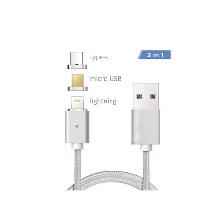 PORTABLE 3 IN 1 MAGNETIC MICRO USB CHARGING  LIGHTNING CABLE WITH TYPE-C 6 FT