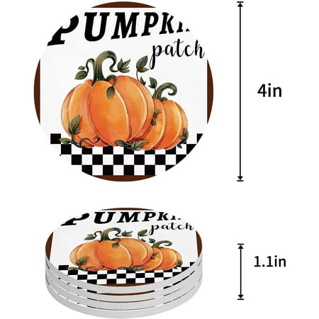 

KXMDXA Autumn Pumpkins Retro Black White Plaid Texture Set of 6 Round Coaster for Drinks Absorbent Ceramic Stone Coasters Cup Mat with Cork Base for Home Kitchen Room Coffee Table Bar Decor