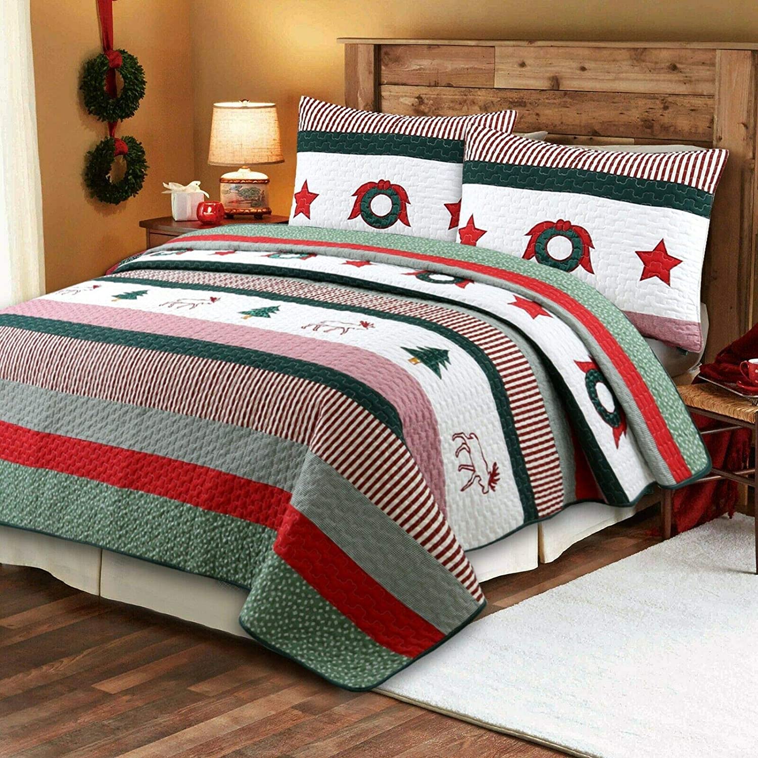 Cozy Line Home Fashions Christmas Rustic 3-Piece Quilt Bedding Set, Coverlet Bedspread (Rustic 