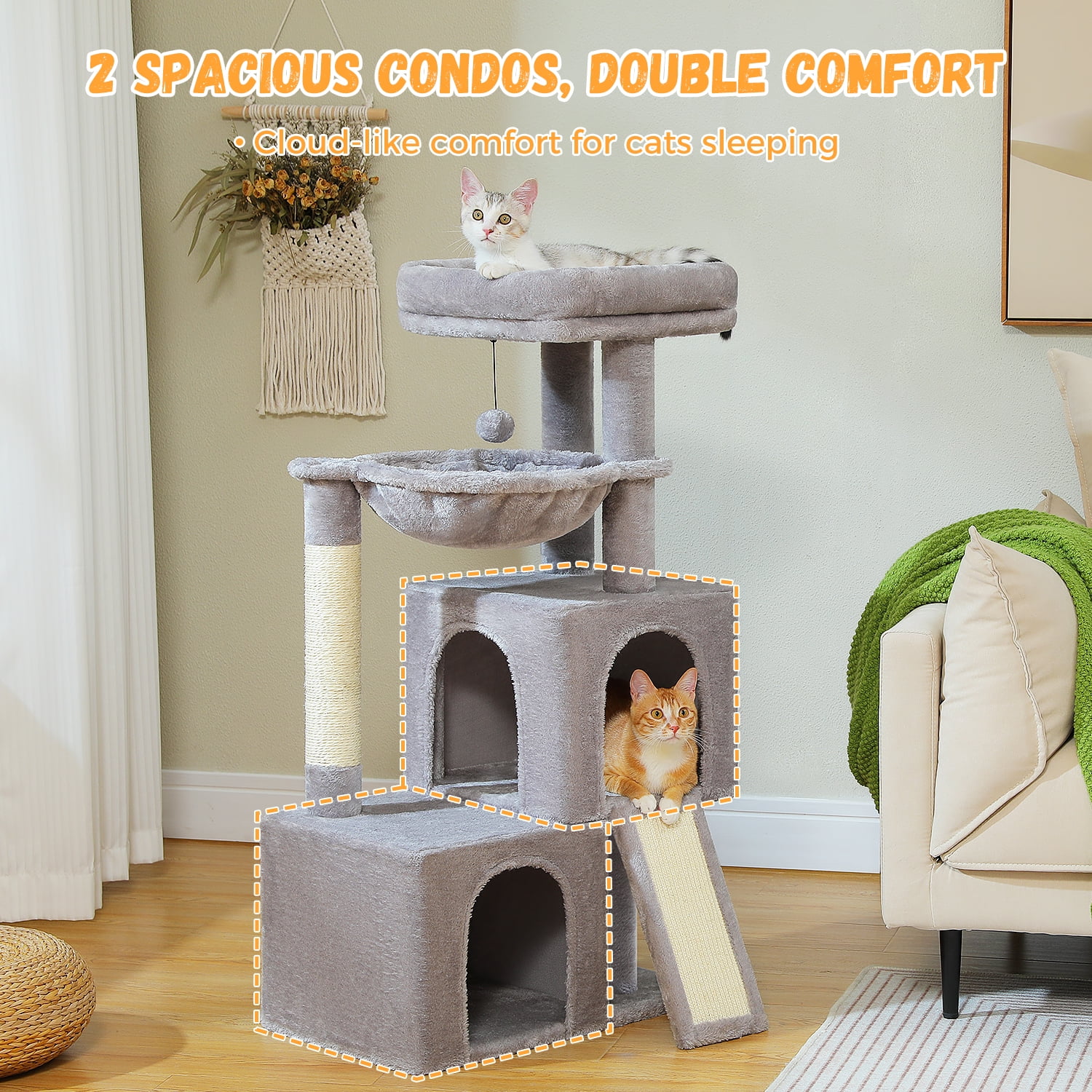 Pefilos 41" Multi-Level Cat Tree Tower with 2 Condos for Indoor Cats, Cat House with Hammock, Padded Perch, Scratching Pad, Gray