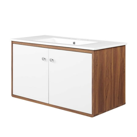 Sink Vanity Cabinet, Wall Mounted, Wood, Brown Walnut White, Modern Contemporary Urban Design, Hotel Bedroom Bathroom Master Suite Guest