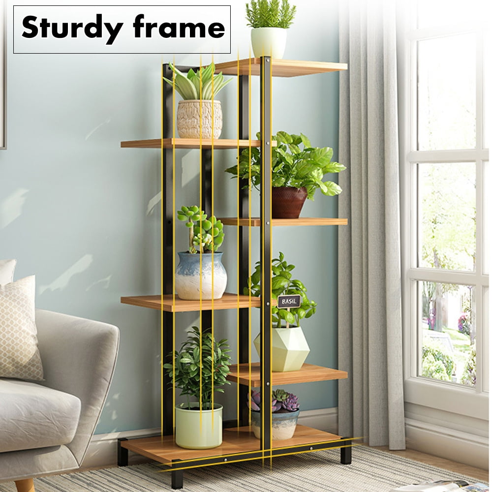 Augienb 49 Inch 6 Tiers Metal Plant Stand Wood Iron Modern Bookshelf Bookcase Organizer Storage Rack Shelf Display Cabinet For Home Office Garden 110lbs Load Capacity Walmart Com Walmart Com