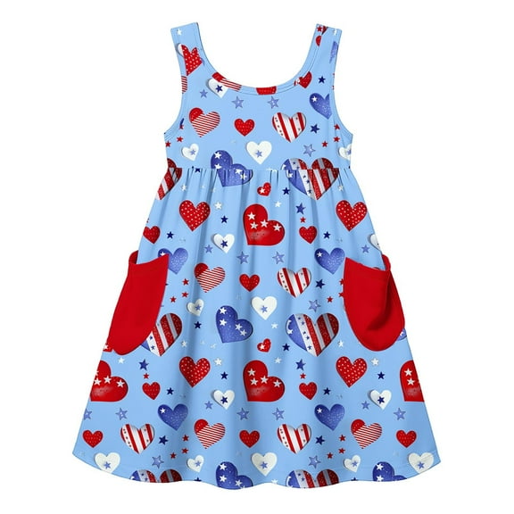 Jinhomg Girls Sleeveless Summer Dresses Fancy American Flag Graphic Midi Dress Casual Comfy Spaghetti Strap Cami Dresses Toddler Kids 4Th Of July Gifts Blue 7 Years