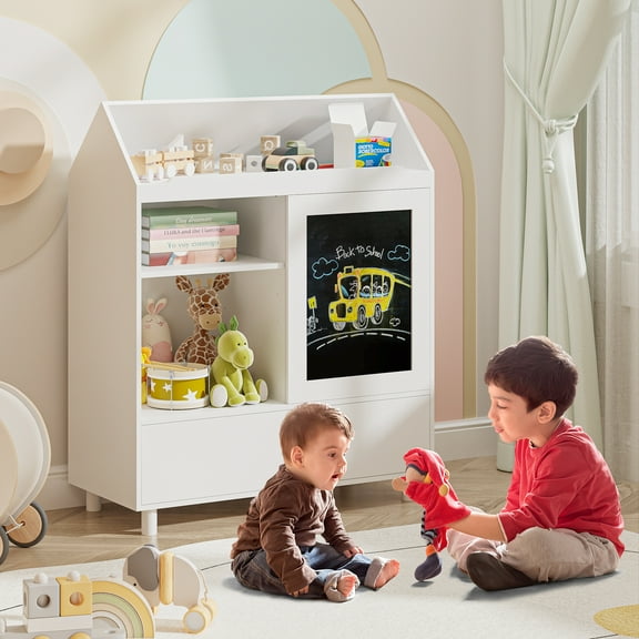 Yoneston Kids Bookcase with Magnetic Blackboard & Storage Drawer, Toddler Toy Organizer Cabinet with Reading Top Area for Playroom Classroom Nursery, White