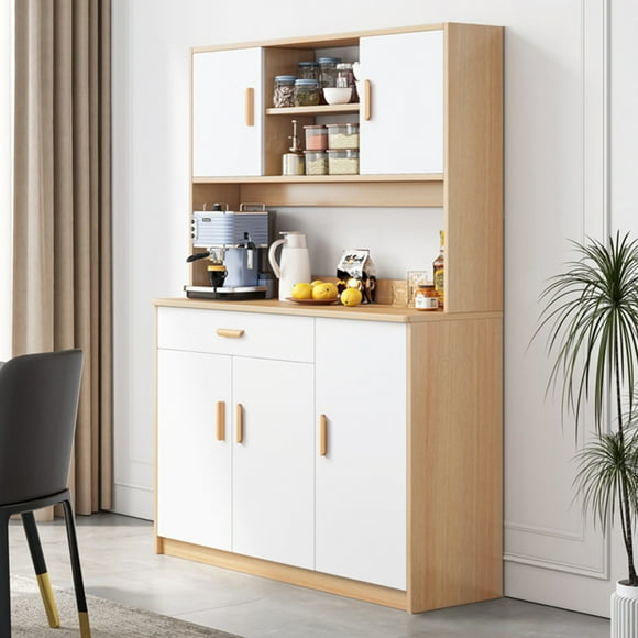 Aqzb 67" Buffet with Hutch, Modern Kitchen Pantry Storage Cabinet with Microwave Oven Countertop, Drawer, and Cupboard, White