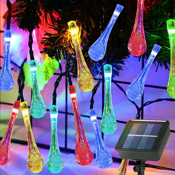 Water Drop Solar String Lights Outdoor 16 Ft 50 LED, 8 Modes Solar Powered Fairy String Lights, Waterproof LED Christmas Lights Patio Lights 4 Colors