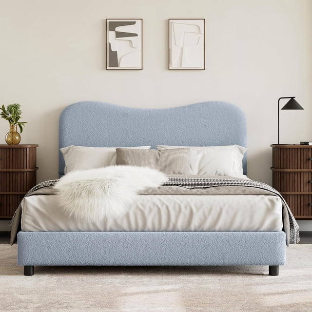 Ourlova Full Size Upholstered Bed Frame with Headboard Low Profile Platform Rounded Corners Wooden Slats Noise Free No Box Spring Needed Blue