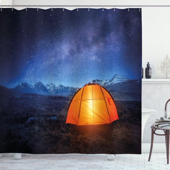 Ambesonne Night Shower Curtain, Camp Tent Holiday Journey, 69"Wx84"L, Blue Orange